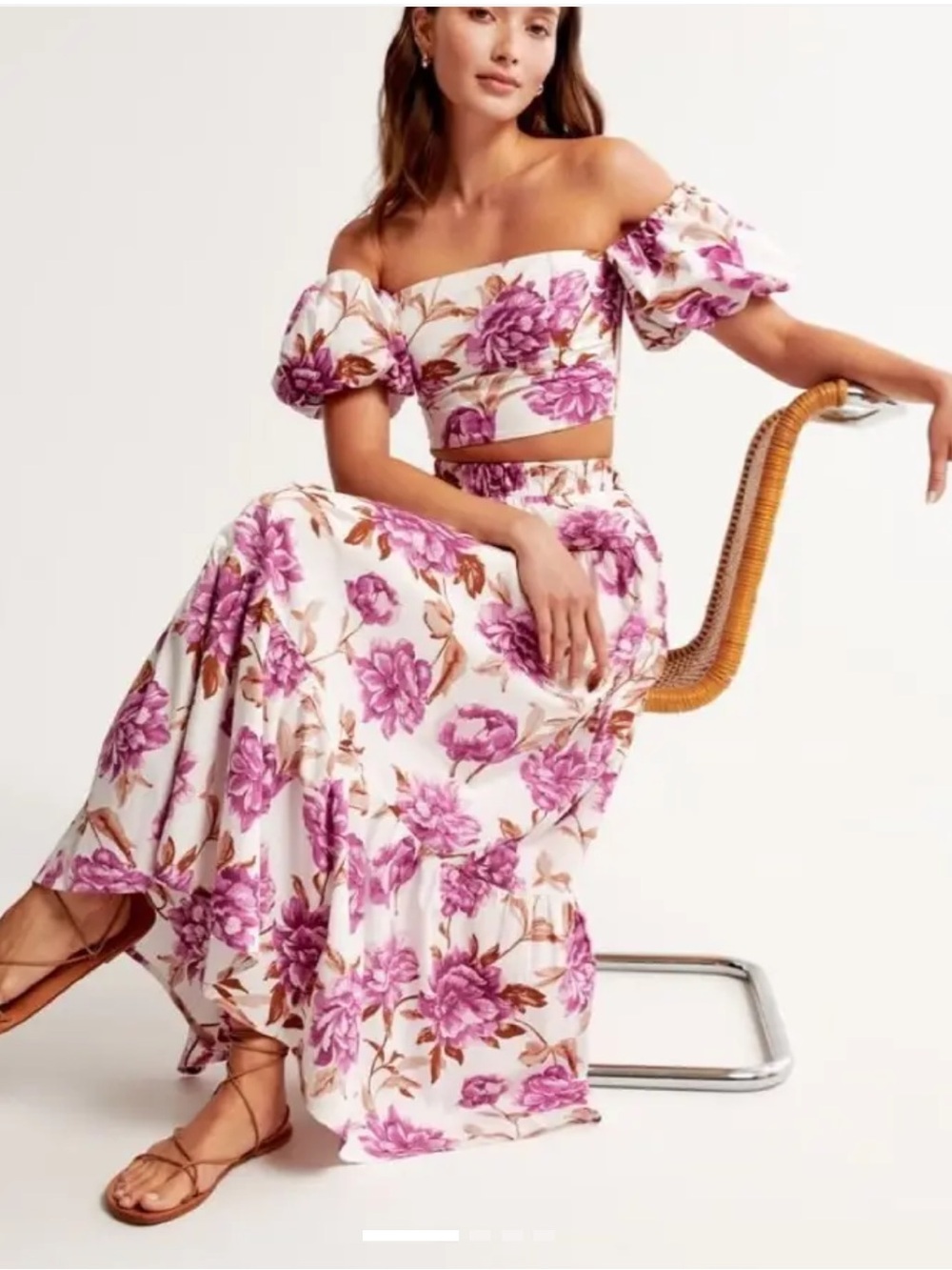 Abercrombie 2 piece Floral Off-Shoulder puff sleeve crop top and Maxi Skirt